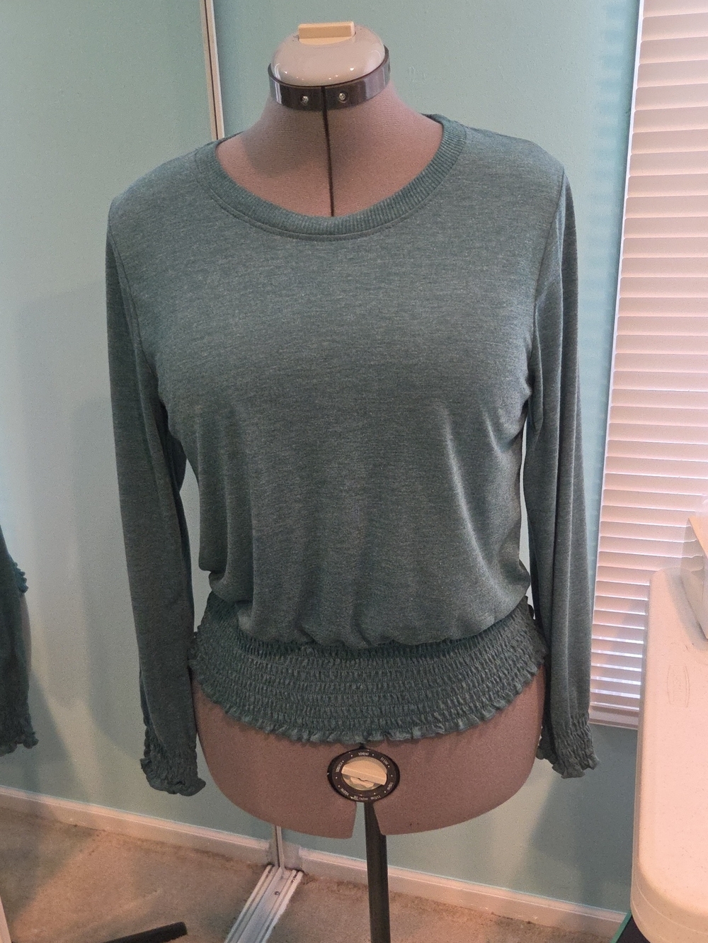 Olivia Sky Long-Sleeve Smocked Hem Top in Teal Green